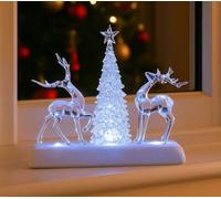 Marco Paul LED Christmas Acrylic Tree & Reindeer Ornament - 27 cm Musical Light-Up Scene with Multi-Coloured Lights - Battery-Powered Festive Xmas Decoration for Indoor Home Displays