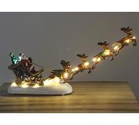 Marco Paul LED Christmas Sleigh & Flying Reindeer Ornament - 31 cm Resin Santa Decoration - Battery-Operated Warm White Light-Up Festive Ornament for Indoor Xmas Home & Village Scene Décor