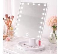 Marco Paul LED Vanity Mirror - Tabletop Makeup Mirror with 16 Dimmable LEDs, 180° Rotation & Storage Base - Battery Operated Dressing Table Cosmetic Mirror in White