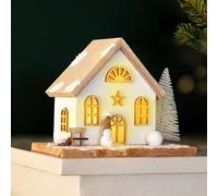 Marco Paul LED Wooden Christmas House Scene- 18cm Light up Rustic Tabletop Village Scene Decoration with Warm White Light Battery Powered Christmas Ornament for Festive Indoor Decor