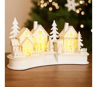 Marco Paul LED Wooden Christmas Village Ornament - 30cm Pre-Lit Rustic Tabletop Decoration Light Up Christmas Village with Warm White LED Battery Operated Xmas Ornament