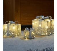 Marco Paul Light Up Present Boxes - 3 Christmas Parcel Lights with Plug, Bows, Pine, Gold Beads, Gift Boxes for Christmas Tree Indoor