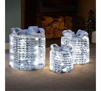 Marco Paul Light Up Present Boxes with Warm White LED Lights - Set of 3 Silver Faux Pre-Lit Christmas Decorations with Timer Function - Battery Powered Festive Home Decor Gift Boxes for Tree & Table