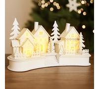 Marco Paul Light Up Wooden Christmas Village Scene - White LED Battery Operated Winter Wonderland Ornament - 30cm Illuminated Festive Table, Mantel & Window Decoration for Indoor Christmas Décor
