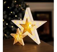 Marco Paul Light Up Wooden Star Decoration - Free Standing MDF Christmas Ornament with Warm White LEDs - Set of 2 Wooden Star Ornaments with Christmas Scene for Xmas Table Decor