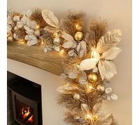 Marco Paul Luxury 2.5m Pre Lit Christmas Garland with Warm White LEDs - Thick Gold Christmas Decorations Garland for Fireplace, Stairs, Mantel - Indoor Xmas Home Decor with Baubles and Foliage