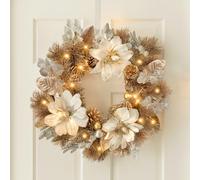 Marco Paul Luxury 40cm Pre-Lit Christmas Poinsettia Flower Gold and SilverWreath Warm & Bright White Glitter LED Light Up Front Door Fireplace Battery Timer Indoor Outdoor Winter Xmas Decor