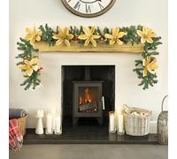 Marco Paul Luxury 9ft Gold Glitter Poinsettia Flower Prelit Christmas Garland with LED Lights Berries & Acorns Battery with Timer Light Up Warm & Bright White Lighting Indoor Xmas Decor