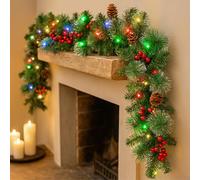 Marco Paul Luxury 9ft Multicolour Pre Lit Christmas Garland with Lights Pine & Berry & Acorn Artificial LED Garland Battery Operated Auto Timer Indoor & Outdoor Light Up Christmas Decorations