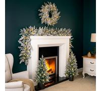 Marco Paul Luxury Frosted Christmas Decoration Set - Pre Lit Wreath Garland & 2 Mini Christmas Trees with LED Lights - Battery Operated Warm & Cool White Indoor Outdoor Xmas Decorations for Home Décor