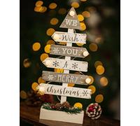Marco Paul Merry Christmas wooden Christmas tree sign 6 LED Light - Christmas decorations indoor Christmas table decoration hand painted winter decorations for Home décor Battery Operated led lights