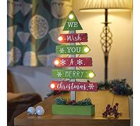 Marco Paul Merry Christmas Wooden Christmas Tree Sign - 6 LED Light - Indoor Table Decoration, Hand Painted Winter Decor for Home - Battery Operated