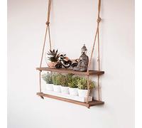 Marco Paul Modern Rectangular 2 Tier Wooden Rope Shelves - Rustic Vintage Style Wall Mounted Floating Shelves - Decorative Hanging Shelves for Nursery, Kitchen, Bathroom, Bedroom, Living Room Decor