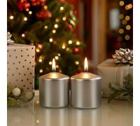 Marco Paul pack of 2 Metallic Silver Pillar Candles Long Burning of 20 hours 8cm Tall Unscented Non Toxic Candles Decorative Candle Set for Christmas Home Decoration Gift Housewarming Gifts for Women