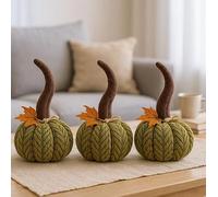 Marco Paul Pack of 3 Fabric Decorative Pumpkins - 13cm Knitted Small Pumpkin Decorations for Home Décor, Halloween Green Artificial Pumpkin for Ornaments for Mantel, Table & Shelf Display