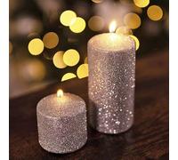 Marco Paul Pillar Candles - Silver Glitter - 2-Pack - 7cm x 7cm x 15cm and 7cm x 7cm x 7.5cm. - Decorative Household Candles - Long Burning Time of 30/20 Hours - Unscented - Includes Natural Wax