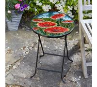 Marco Paul Poppy Small Round Coffee Table For Garden Decorations Outdoors - Folding side Table with Glass Poppy decoration top, Round Garden Table for Patio, Balcony, bistro table