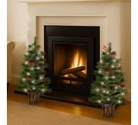 Marco Paul Pre Lit Pine & Red Berry Artificial Christmas Trees - Set of Two 3ft Battery Operated White LED 8-Mode Designs - Luxury Indoor & Outdoor Xmas Decorations for Fireplace, Hallway or Doorway