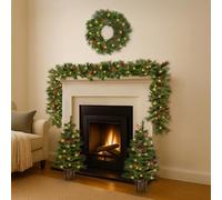 Marco Paul Pre Lit Pine & Red Berry Christmas Decoration Set - Winter Garland, Wreath & Two Christmas Trees with Dual White LED Lights - Battery Operated 8-Mode Indoor & Outdoor Xmas Decorations