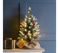 Marco Paul Pre-Lit Table Top Christmas Tree 60cm - Small Artificial Frosted Xmas Tree with Multi-coloured and Warm White Lights - Battery Operated Christmas Tree with Pine Cones and Berries