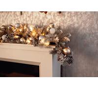 Marco Paul Premium 6ft Silver Christmas Garland with LED Lights, Battery Operated Pre-Lit Artificial Xmas Garland with pinecones and baubles for Christmas Decor, fireplace garland, Window decor