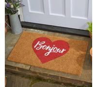 Marco Paul Red Coir 'bonjour' Heart Nonslip Doormat 75x45cm in Beige | Size: Medium Marco Paul Beige Medium