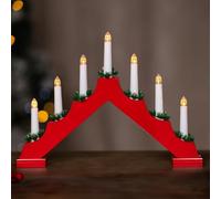 Marco Paul Red Wooden Christmas Candle Bridge - Battery Operated 7 Faux Candles for Windowsill, Mantelpiece or Table Display - Traditional Wooden Xmas Candle Arch and Indoor Christmas Window Lights