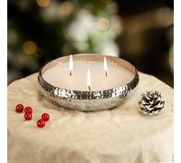 Marco Paul Scented Candle Bowl Large Silver Vanilla Candle Dish, Hammered Tone Home Fragrance Luxury Soy Wax Candle, Autumn Home Décor Dining Table Centerpiece, 3 Wick Silver