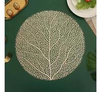 Marco Paul Set Of 2 Gold Round Placemats For Dining Table - Extra Large 38cm Vinyl Table Mats - Unique Leaf Design Place Mats For Tables - Easy Clean Gold Placemats For Kitchen Dining Room Restaurant