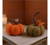 Marco Paul Set of 2 Knitted Decorative Pumpkins - 13cm Orange & Green Fall Decoration, Soft Fabric Pumpkin Ornaments for Home, Tabletop & Mantel Display Harvest Halloween Decor