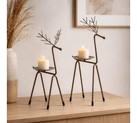 Marco Paul Set of 2 Metal Reindeer Pillar Candle Holders with Candles Bronze Stag Candle Holder Table Centrepiece Decor Rustic Animal Candle Holder Ornament for Dining Table, Fireplace, Home Decor