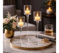 Marco Paul Set of 3 Clear Stemmed Glass Tealight Holders Tall Pedestal Candle Holders in 3 Sizes Elegant Votive Candle Stands for Wedding Centrepieces, Spring Easter Table Decor