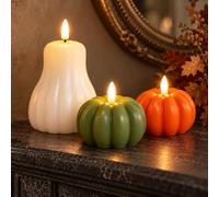 Marco Paul Set of 3 Flameless Candles Autumn Pumpkin Decorations | Pumpkin Candles, Real Wax, Warm Glow, Orange Green & White Designs, Seasonal Table Display, Battery Operated, Timer Function