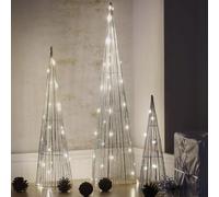 Marco Paul Christmas Set of 3 Silver Light Up Cone Trees Festive LED Christmas Decorations Pre-Lit Xmas Tree Set Indoor Ornamental Pyramid Metal Ornaments Home Decor Wire Warm White LED Lighting