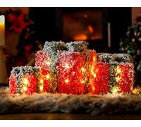 Marco Paul Set of 3 Novelty Sparkle Snow Topped Gift Boxes with Red LED Lights Battery Powered Classic Red and Green Fairy Lights Decorative Box Christmas Decorations Xmas Pre-Lit Ornament