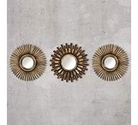 3Pc Shabby Chic Round Sunburst Wall Mirrors In Distressed Gold, Decorative Wall Mountable Shabby Chic Home Decor (Gold)