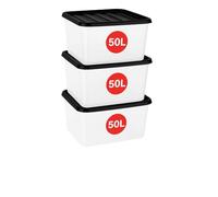 Marco Paul Set of 3 x 50 Litre Large Plastic Storage Boxes with Lids - Heavy-Duty Large Plastic Storage Box with Lid - Clear Stackable Storage Boxes for Home Storage Loft Garage Moving & Office