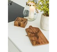 Marco Paul Set of 4 Engraved Stag Rustic Square Coasters & Stag Design Cheese Board for Gifting Kitchen Dining Coaster Set in Holder Wooden Deer Platter Serving Home Décor Placemat Reindeer Xmas Gift