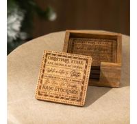 Marco Paul Set of 4 Solid Wooden Coasters & Holder - Square Coffee Table Placemats - Traditional Christmas Decoration