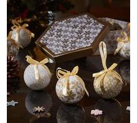 Marco Paul Set of 7 Gold & White Vintage Christmas Baubles - 7 cm Large Snowflake Christmas Tree Decorations - White & Gold Baubles for Festive Home Decor, Assorted Hanging Bauble Set & Xmas Gifts