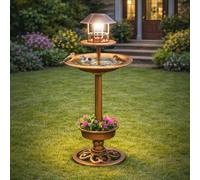 Bronze Effect Resin Garden Bird Bath and Table with Solar Light - Bronze