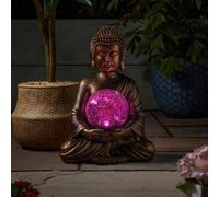 Garden Mile Solar Buddha Statue Outdoor Ornament - Large Bronze Effect Meditating Figure with Crackle Glass Ball, Waterproof Resin, Multi-Colour LED Light, Zen Garden Decor for Home, Patio, and Yard