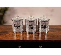 Marco Paul Stylish Set of 3 Crushed Diamond Mirror Crystal Filled Canister - Lightweight Silver Sparkle Glitter Design Containers - Decorative Kitchen Storage Accessories for Tea, Coffee and Sugars