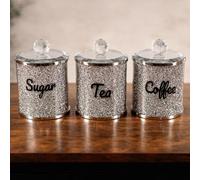 Marco Paul Stylish Set of 3 Crushed Diamond Mirror Crystal Filled Canister - Lightweight Silver Sparkle Glitter Design Containers - Decorative Kitchen Storage Accessories for Tea, Coffee and Sugars