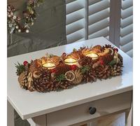 Marco Paul Triple Glass Tea Light Candle Holder Christmas Table Centrepiece Wooden Pinecones Dried Oranges & Cinnamon Votive Candle Holder Home Decoration Dining Table Fireplace Ornament 36cm