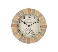 Homezone® Interiors Traditional 10" Vintage Style Clock Garden Ornament Wall Clock with Stone Effect - Large Weatherproof Battery Operated Thermometer Barometer Mountable for Indoor and Outdoor