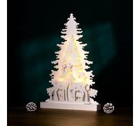 Marco Paul Christmas Decoration White Wooden Christmas Scene Reindeer Christmas Decoration for The Home Warm White LED Ornament Light Chirstmas Village Scene Tree and Reindeer Ornament 44cm Battery