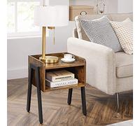 Marco Paul Wooden Bedside Table Rustic Mahogany Industrial Bedside Table Mahogany MDF Dark Wooden Small Bed Side Table for Bedroom Open Front Storage Retro Chic Furniture with Metal Legs