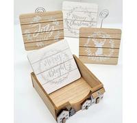 Marco Paul Wooden Christmas Coaster Set with Holder, 4pcs Square Mug Mats in Brown/White - Natural Solid Wood, Rustic Winter Designs, Decorative Table Protectors (11.5 x 11.5 cm)