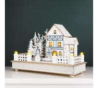 Marco Paul Wooden LED Christmas Village Scene Decoration Battery Operated Light Up White Ornament with Warm White Lighting Festive Snowman House Tabletop Window Display Décor